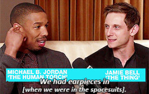 jamie bell,s,miles teller,marvelcastedit,michael b jordan,josh horowitz,jbell,i love ya buddy but,i cannot with this cast,and the press tour hasnt even started,and mbj is all,f4 press,f4edit,the moment when jamie realizes what mbj is talking about