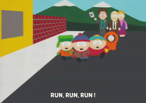 kyle broflovski,eric cartman,stan marsh,scared,running,kenny mccormick,group of people