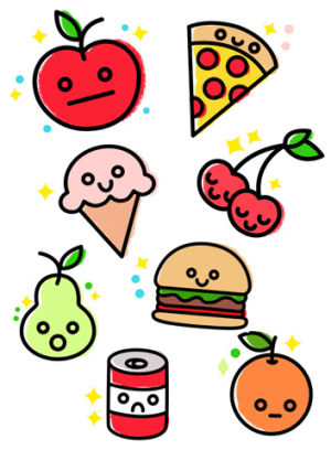 bright,cherry,love,happy,food,fun,illustration,pizza,colors,apple,lovely,orange,burger,fruit,pear