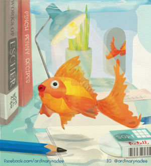 illustration,goldfish,swimming,table,swim,daydreams,glas2017,ordinarynadee