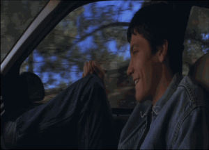 donnie darko,tv,happy,car,laughing,smiling,parents,road trip,riding in the car