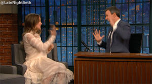 high fives,olivia wilde,excited,celebrate,high five,seth meyers,late night with seth meyers,lnsm,yayy