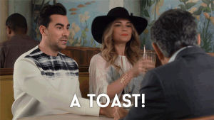 toast,funny,comedy,glasses,david,alcohol,cheers,cbc,canadian,schittscreek,alexis,david rose,brunch,annie murphy,dan levy,alexis rose,clink,a toast,schitts creek