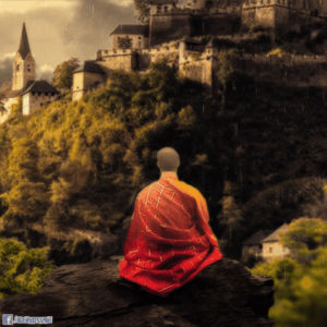 psychedelic,monk,meditation,trippy,water,rain,castle,visual,mountain