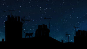 stars,animation,starry night,night,black cat,kitty,kitsune,2d animation,compleanno,cat,loop,chat,pussy,roof,glas 2017,silhouette,glas2017,chimney,cinemagraphy,kowai,kitsunekowai,kitsune kowai,rooftops