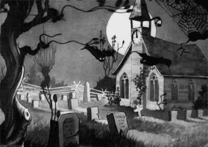 halloween,graveyard,20s,bats,black and white,vintage,cartoon,moon,skeleton dance