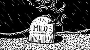 milo,descendents,tombstone,tomb,rainy day,funny,music,animation,music video,food,sad,band,rain,eat,burger,rip,bands,epitaph records,epitaph,graveyard,rest in peace,hypercaffium spazzinate,the descendents