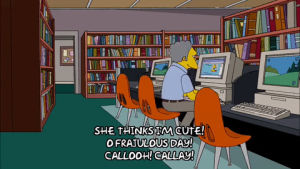online dating,episode 16,excited,season 20,computer,moe szyslak,library,hugging,20x16,picking up lady