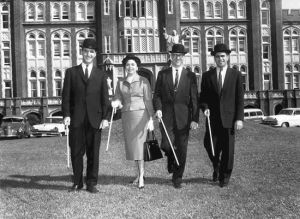 black and white,vintage,students,law,new orleans,photograph,loyola,bowler hat,marquette hall,archive