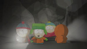 eric cartman,stan marsh,kyle broflovski,kenny mccormick,scared,concerned,danger