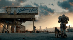 fallout 4,nuclear,radiation,dog,sunset,station,weapon,vault,gas station,welcome home,atomic armor