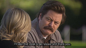 leslie knope,ron swanson,parks and recreation,thank you,steak,parksfinale,7x12,one last ride,7x13