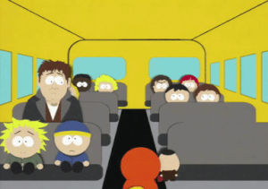 eric cartman,stan marsh,kyle broflovski,kenny mccormick,window,bus,ike broflovski,tweek tweak,seats