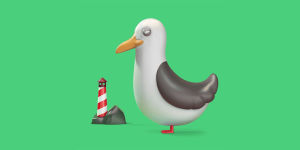 lighthouse,rock,bird,cinema 4d,ice cream,plastic,seagull,rendering,qubitzstudio,cute toys,green color