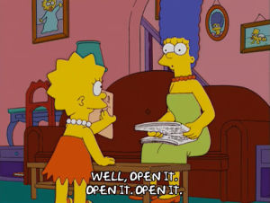 marge simpson,lisa simpson,episode 2,excited,season 16,lisa,open,marge,couch,letter,16x02,no love for bucky