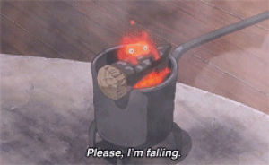 gentle,falling,calcifer,howls moving castle,anime,happy,fire,fall,eating,eat,bacon,eggs,confident,confidence,feeding,feed,curse,desperate,bacon and eggs,may all your bacon burn,please im falling,be gentle with me please