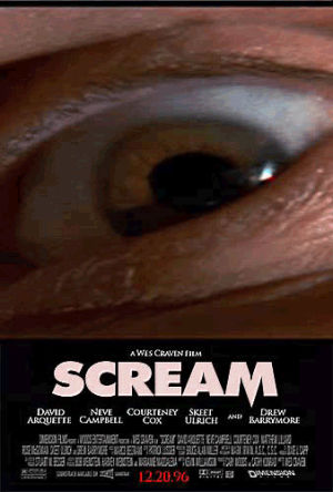 horror,neve campbell,scream,drew barrymore,courtney cox,poster,ghostface,film,90s,wes craven,david arquette