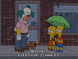 bart simpson,umbrella,dog,lisa simpson,episode 6,sad,season 15,krusty the clown,raining,15x06,krusty the klown