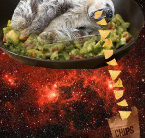 sloth,chips,lazy,space,yum,omnomnom,dip,sloth in space,guacamole