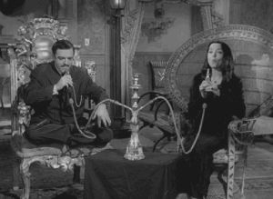 vintage,smoke,black and white,the addams family,hookah