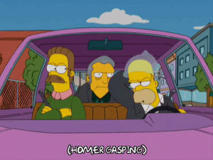 car,homer simpson,episode 1,season 20,shocked,ned flanders,driving,worried,fat tony,20x01,passed out