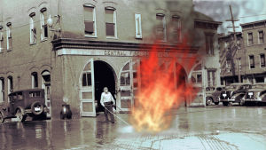 cinemagraphy,cinemagraph,fire department,vuur,animation,vintage,fire,flames,special effects,kitsune,kowai,kitsunekowai,vintage photography,ahte post,gtm,ardmore,inflating,come outside,arive,boeing 737