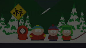 eric cartman,stan marsh,kyle broflovski,talking,confused,kenny mccormick,worried,nervous,shady,boys at the bus stop