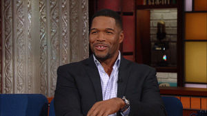 michael strahan,smile,excited,stephen colbert,late show,oh hey,say cheese,take a picture,cheesing,im cute
