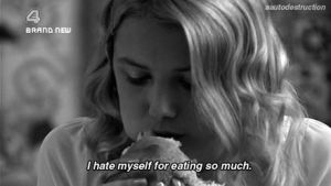 anorexia,bulimia,food,eating disorder,too much,i hate myself,girl,eating,skins,fat,hate,cassie,myself,blonde guy,black and white