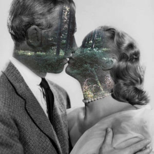 forest,black and white,tree,green,kiss me,kiss,double exposure,art,love,vintage,stars,artist,arte,loving,artistic,classic movie,iosonof,double exposition