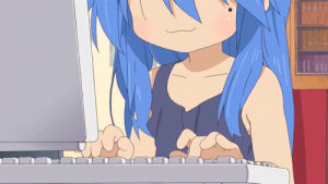 computer,girl,girls,kawaii,bored,blue hair,fast typing