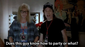 waynes world,dancing,reaction,happy,party,pointing