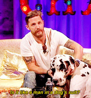 interview,dogs,tom hardy,lauren,hardy,hardyedit,alan carr,dragqueeneames,kinghardy,best quality i could get im afraid