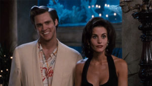 hahaha,i see what you did there,courteney cox,ace ventura,pointing,courtney cox,laughing,finger guns