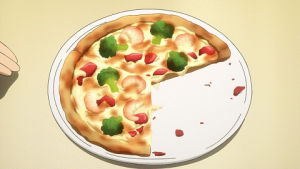 broccoli,pizza,anime food,pepper,shrimp,shrimp pizza