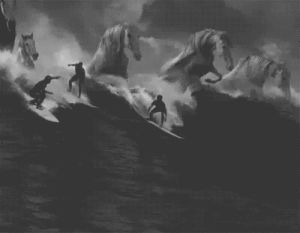 surreal,horses,odd,black and white,surfing,oddity