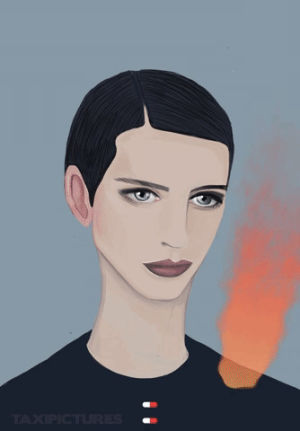 too much,mayday,reaction,hot,illustration,fire,help,look,nope,strange,artwork,heat,fierce,flames,pills,placebo,wannabe,brian molko,taxipictures