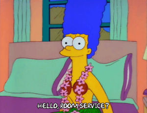 season 3,happy,marge simpson,episode 15,phone,bed,hotel,vacation,3x15