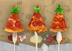 christmas,pizza,tree,knife,lunch,oil,salt,pepper,spoon,pepperoni,fork,basil,sriracha,napkin,stains