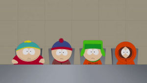 eric cartman,stan marsh,kyle broflovski,scared,kenny mccormick,sitting,blinking