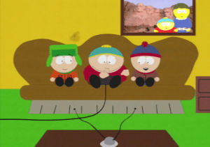happy,eric cartman,stan marsh,kyle broflovski,laughing,speaking,listening,couch,playing video games