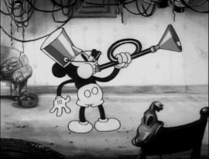 trumpet,mickey mouse,steamboat willie,improvised trumpet,the whoopee party,playing trumpet,black and white,animation,film,disney,vintage,short film,disney short,1932,vintage film,jazzy mickey mouse,mickey dancing