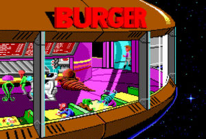 roger wilco,burger king,art,funny,animation,food,space,pixel,burger,hamburger,outer space,pixelated,space quest