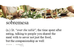 wordstuck,together,food,friends,time,people,family,wine,eat,friendship,over,talk,dessert,dinner,table,lunch,company,spanish,thousand,meal,noun,mesa,companion,sobre,sobremesa,savor