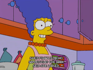 marge simpson,happy,season 20,excited,episode 9,book,kitchen,interested,20x09