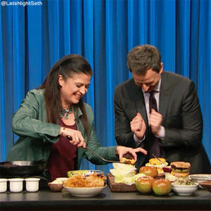 cook,chef,cooking,happy,yum,brunch,hungry,foodie,alex guarnaschelli,food,excited,yummy,happy dance,seth meyers,exciting,excited for food