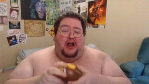 fruit,fat guy,salad,eating,shirtless