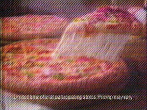 vhs,tv,glitch,pizza,commercial,delicious,cheese,gooey