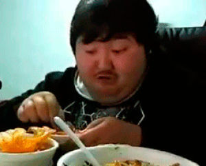eating,movies,food,bowl,shaking head,asian man,rolling back eyes