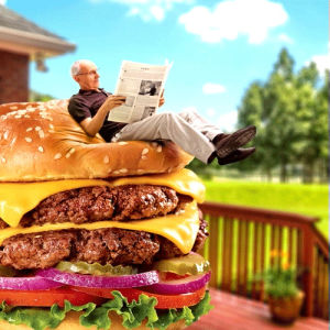 cheeseburger,burger,diner,lol,wtf,reading,read,relax,bounce,relaxing,dennys,newspaper,justin gammon,senior,beanbag